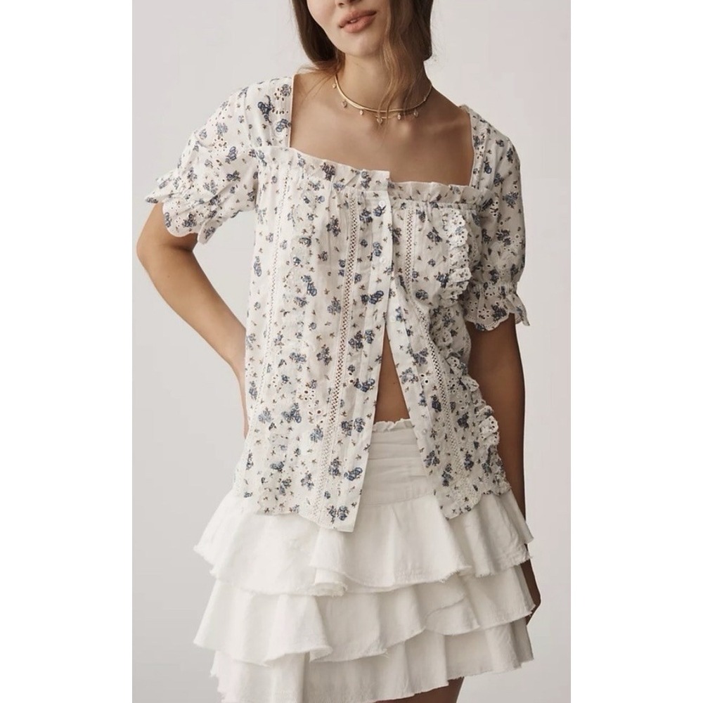 NWT Anthropologie Puff-Sleeve Eyelet Top Cotton Ivory Blue Floral Size Large - Picture 12 of 13